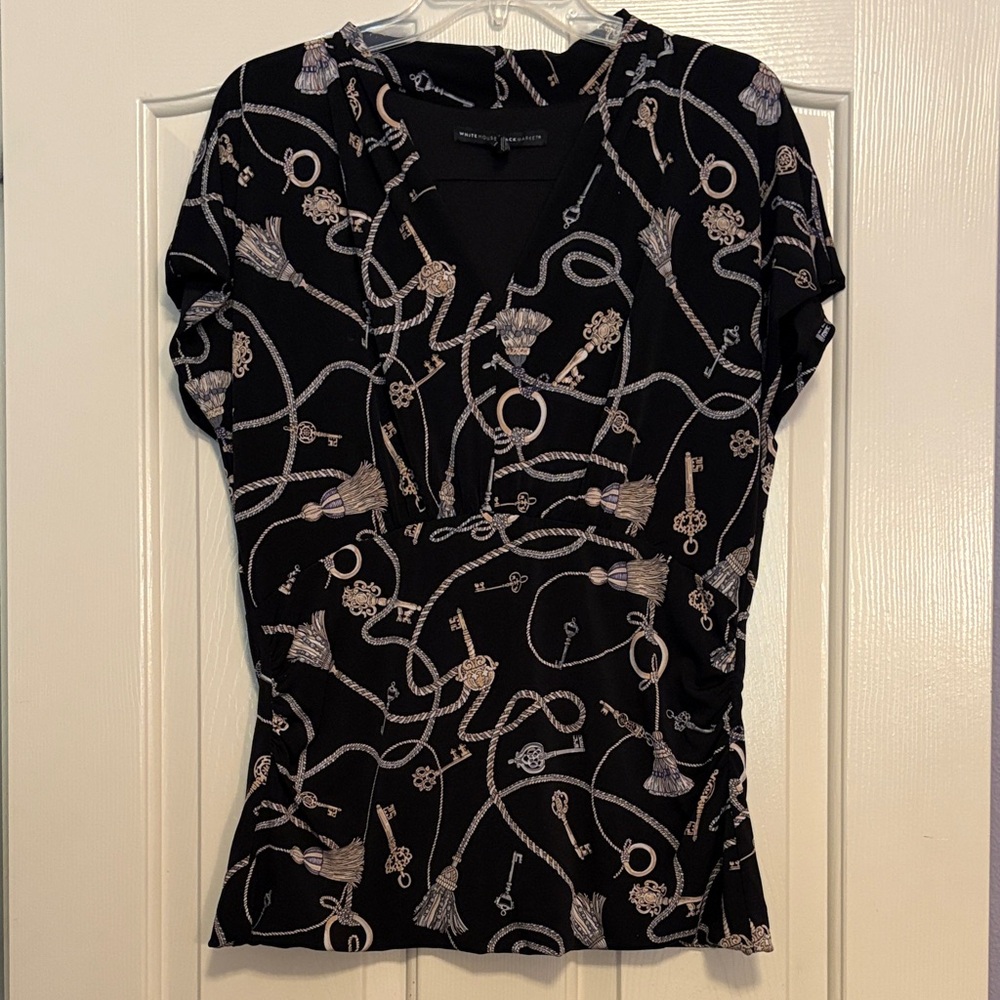 White House Black Market Short-Sleeve V-Neck Top with Rope & Tassel Motif